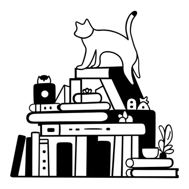 A cat with a sleek body and a long tail is balancing expertly on a cluttered bookshelf filled with various books and trinkets. The cat stands on a stack of books, its paws positioned carefully on the spine of a thick, open book. Nearby, there are several small ornaments, including a ceramic owl and a potted plant. The bookshelf is filled with books of different sizes, some stacked horizontally while others stand vertically, creating a sense of organized chaos. The scene captures the cat's poised posture as it surveys its surroundings, with its alert ears perked up and its tail held high.