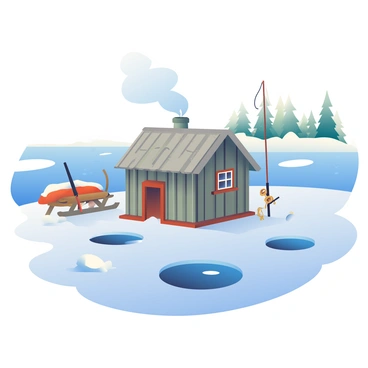 An ice fishing shack made of weathered wood is sitting on a frozen lake, surrounded by a thick layer of snow. The shack has a slanted roof and small windows, with smoke billowing from a chimney. Several circular holes are cut into the ice, revealing the deep blue water underneath. The snow around the holes is slightly disturbed, indicating recent activity. In the background, snow-covered trees line the edge of the lake, contrasting with the bright blue sky above. A few fishing rods are leaning against the shack, with a wooden sled resting nearby.