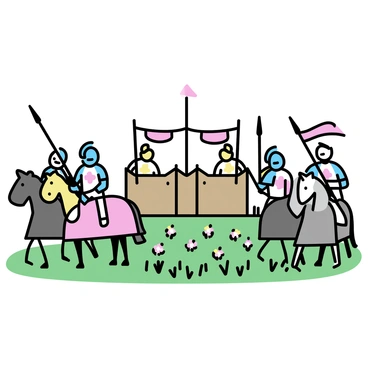 A group of knights in shining armor stands in a vibrant green meadow. Each knight exhibits a unique design on their armor, reflecting various heraldic symbols. The meadow is filled with wildflowers of various colors, adding to the lively atmosphere. In the background, a wooden jousting arena is set up, with banners fluttering in the breeze. The knights are positioned on their horses, ready for the upcoming tournament. They hold lances at the ready, showcasing their determination and focus.