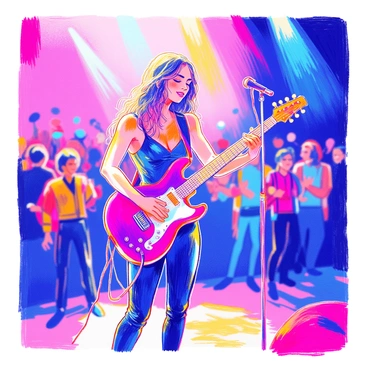 A musician is performing on stage, holding a vibrant purple guitar. The musician has long hair and is wearing a fitted black outfit. They are positioned under a bright spotlight that highlights their figure. The background features a blurred audience, with some people clapping and others watching intently. The stage is decorated with colorful lights illuminating the scene. The musician appears focused and passionate while playing their music.