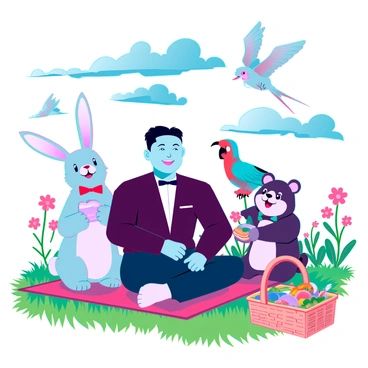 A friendly gathering featuring Kim Jong Un with a smile on his face, sitting on a picnic blanket in a vibrant park. He is surrounded by cartoonish characters, including a cheerful rabbit wearing a bow tie, a laughing bear holding a sandwich, and a colorful parrot perched nearby. There are playful kites flying in the blue sky above, and a picnic basket filled with fruits and sandwiches sits beside them. The scene is filled with lush green grass and blooming flowers, creating a lively atmosphere.