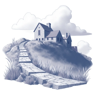 A view of "Wuthering Heights" from the bottom of a winding path. The path is made of rough, uneven stones, leading upwards through a rugged landscape. The house is perched on a rocky hill, with its angular architecture and tall, narrow windows. Dark clouds loom overhead, casting shadows over the weathered stone structure. The wild grasses and sparse vegetation sway gently in the wind, framing the path leading to the imposing house. The overall scene evokes a sense of isolation and mystery.