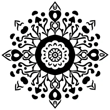 A large, detailed mandala featuring a range of symmetrical patterns. The mandala is filled with intricate designs, including floral motifs, geometric shapes, and swirling lines. Each section of the mandala showcases a unique pattern that complements the overall structure. Surrounding the mandala are smaller geometric designs that enhance its complexity and visual interest. The artwork displays a sense of balance and harmony through its careful arrangement of shapes and lines.