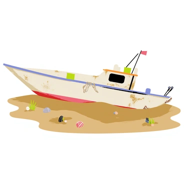 A weathered boat with peeling paint and rusted metal parts rests on a muddy shore. The boat is partially sunk into the soft earth, with barnacles clinging to its hull. Surrounding the boat, patches of brown mud and small tufts of grass break the surface. A few scattered seashells and pebbles are visible in the mud, while a dull overcast sky looms in the background. The scene evokes a sense of abandonment and time's passage, with the boat's worn texture telling a story of the elements.