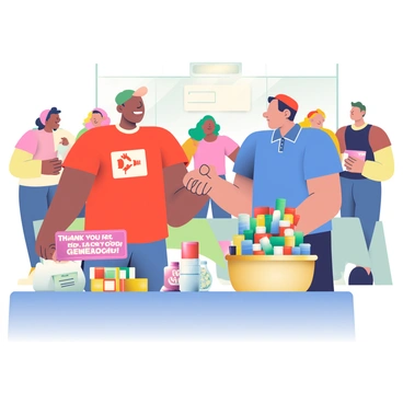 A diverse group of volunteers is standing together in a brightly lit room during a charity event. Two volunteers with medium skin tones are shaking hands, smiling at each other, conveying a sense of camaraderie. One volunteer is wearing a red t-shirt with a logo, while the other is in a blue polo shirt. Surrounding them are various donation items, including neatly stacked boxes of canned goods, a large basket filled with colorful toiletries, and a sign that reads "Thank You for Your Generosity!" in bold letters. On a nearby table, there are envelopes with cash donations and a donation jar filled with coins. The atmosphere is filled with positive energy as more volunteers engage in conversations nearby.