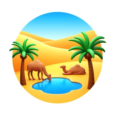 A 3D icon of an oasis in the desert. The oasis features a small pool of clear water surrounded by lush green palm trees. Two camels are positioned near the water, one drinking and the other resting on the sand. The desert landscape includes rolling dunes in the background under a bright blue sky.