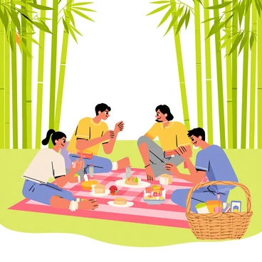 A group of four friends sitting on a red and white checkered picnic blanket in a clearing within a bamboo forest. The friends are enjoying a variety of foods, including sandwiches, fruits, and drinks. Sunlight filters through the tall green bamboo stalks, creating a dappled light effect on the ground. Nearby, a rustic wicker basket is open, revealing more picnic items. Some colorful birds can be seen perched on the bamboo branches above, adding to the lively atmosphere of the scene.