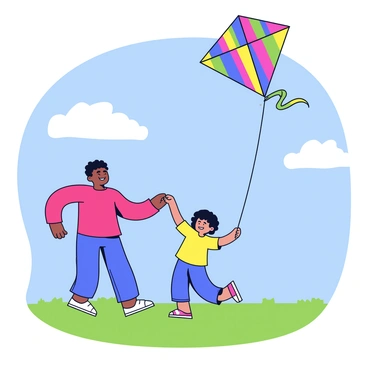 A father and child are standing in a wide, open field under a bright blue sky. The father is wearing a red shirt and has a joyful expression. The child, wearing a yellow t-shirt, is holding the string of a large, colorful kite that is soaring high above them. The kite has a vibrant pattern of stripes in red, blue, green, and yellow. The grass in the field is a bright green, and there are a few fluffy white clouds scattered in the sky. The wind is causing the kite to flutter and dance elegantly in the air.