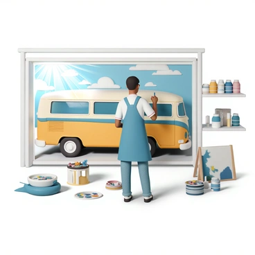 An artist, wearing a blue apron over a white shirt and denim jeans, is standing in front of a large canvas. The canvas displays a vibrant scene of a bus parked inside a garage, with tools and paint supplies scattered around. The artist is holding a paintbrush, focused on adding details to the bus, which is painted in bright yellow with a blue stripe. Sunlight streams in through an open garage door, illuminating the workspace filled with splashes of color and various art supplies. In the background, there are shelves stacked with paint tubes and brushes, alongside a small table holding a palette.