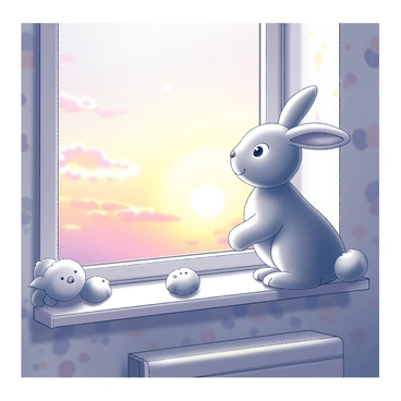 The Velveteen Rabbit looking out a nursery window at a bright, colorful sunrise