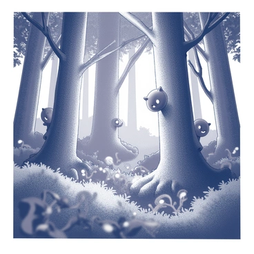 A magical forest with glowing plants and mysterious creatures peeking from behind the trees