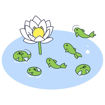 Several tadpoles of different sizes and shades of green are swimming energetically in a clear, shallow pond. Each tadpole has small, distinct tails thrashing behind them as they propel themselves forward. In the foreground, a large, vibrant water lily with white petals and a bright yellow center is positioned just above the water's surface. Around the lily, lily pads float, providing a backdrop for the race. Sunlight filters down through the water, casting gentle ripples. The scene conveys a sense of playful competition among the tadpoles.