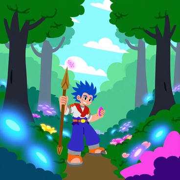 An anime hero with spiky blue hair and a determined expression is exploring a lush, magical forest. The forest features towering trees with vibrant green leaves and a canopy that filters dappled sunlight onto the ground. Glowing plants in various colors, including blues, pinks, and purples, illuminate the surrounding area, creating a mystical atmosphere. The hero is dressed in a stylish outfit with intricate details and holds a wooden staff with a crystal at its tip. Small, playful creatures peek out from behind the trees and bushes, adding to the enchantment of the scene.