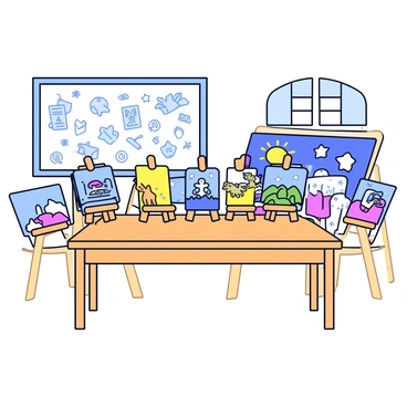 A miniature exhibition set up in a brightly lit classroom. The display features several small easels showcasing student illustrations. Each illustration has vibrant colors and varied themes, ranging from animals to landscapes. The easels are arranged in a semi-circle on a wooden table. Behind the table, a chalkboard is visible with various doodles and notes. Light streams in through a window, illuminating the artwork and creating a cheerful atmosphere.
