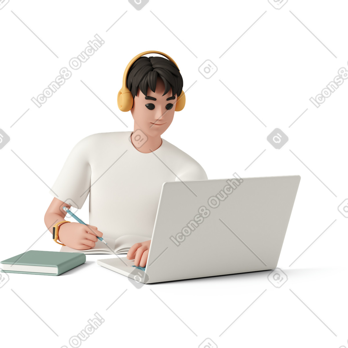 Young man with laptop computer working at home office-Illustration im 3D Casual life-Stil als Download in PNG, SVG
