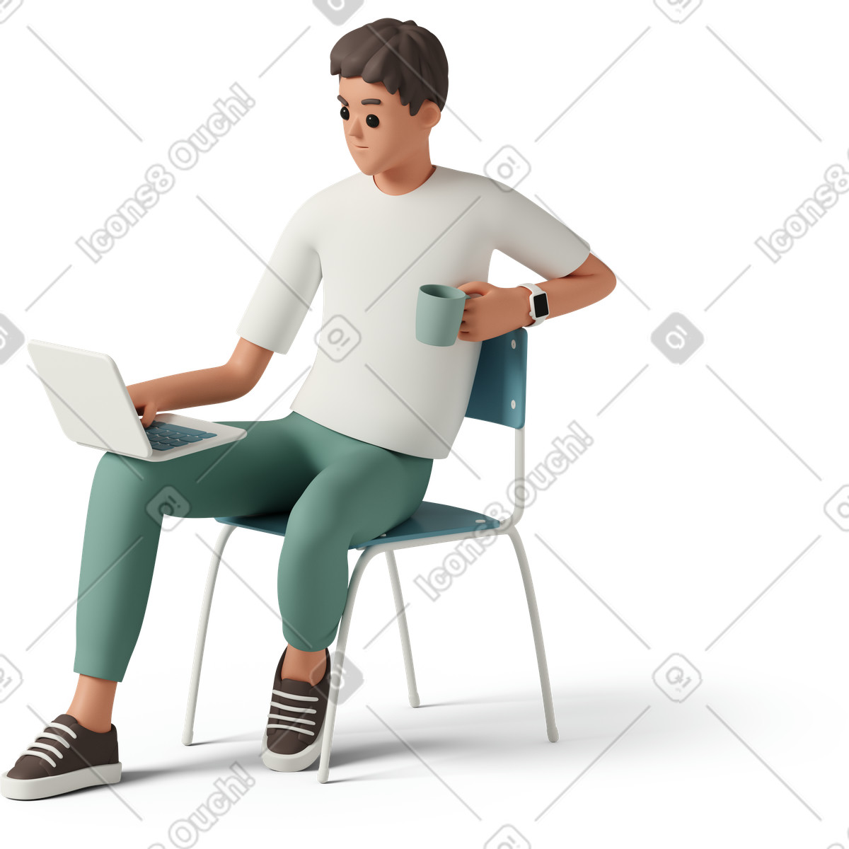 Boy sitting with laptop and cup-Illustration im 3D Casual life-Stil als Download in PNG, SVG