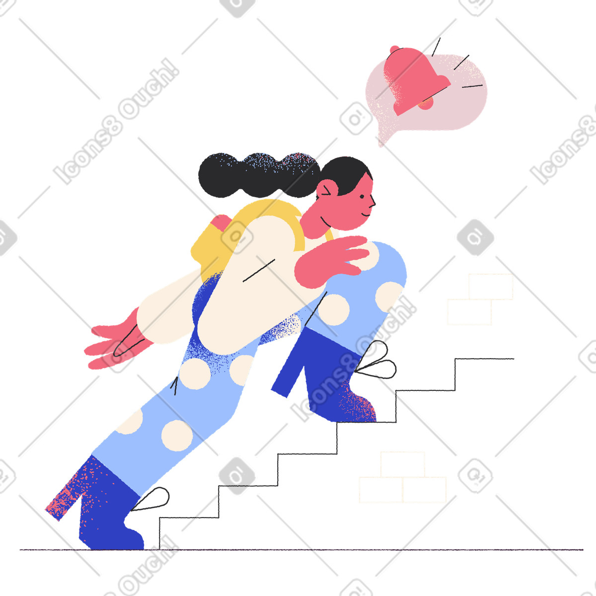 Student running up stairs with backpack, Late for school or urgency concept illustration in Pablo style download in PNG, SVG
