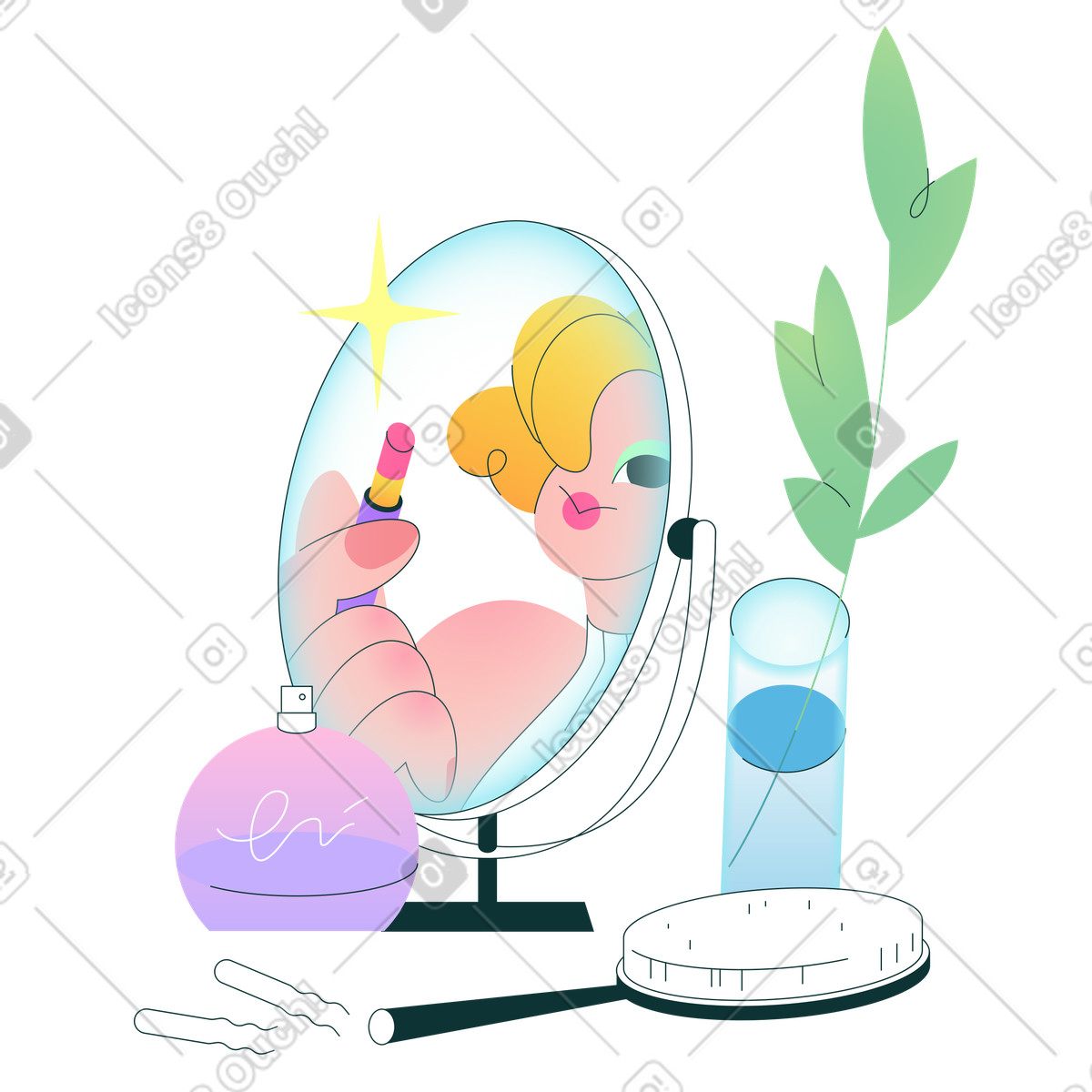 Beauty routine, applying makeup at vanity mirror illustration in Florid style download in PNG, SVG