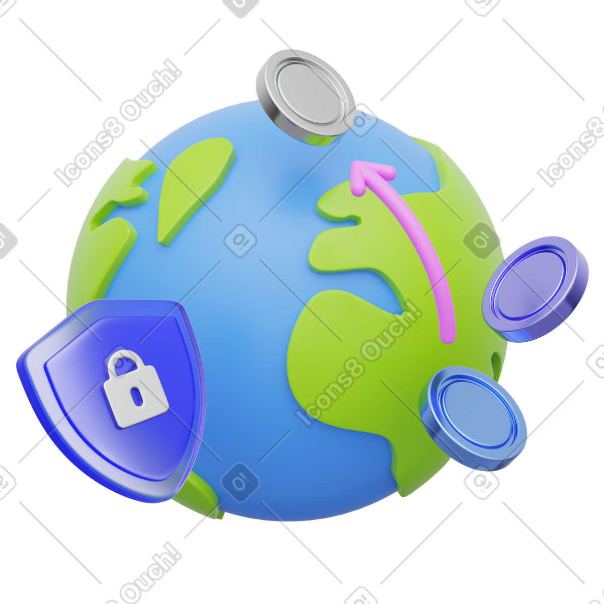 Secure crypto transfer, World coin protection, Blockchain security illustration in 3D Playful style download in PNG, SVG