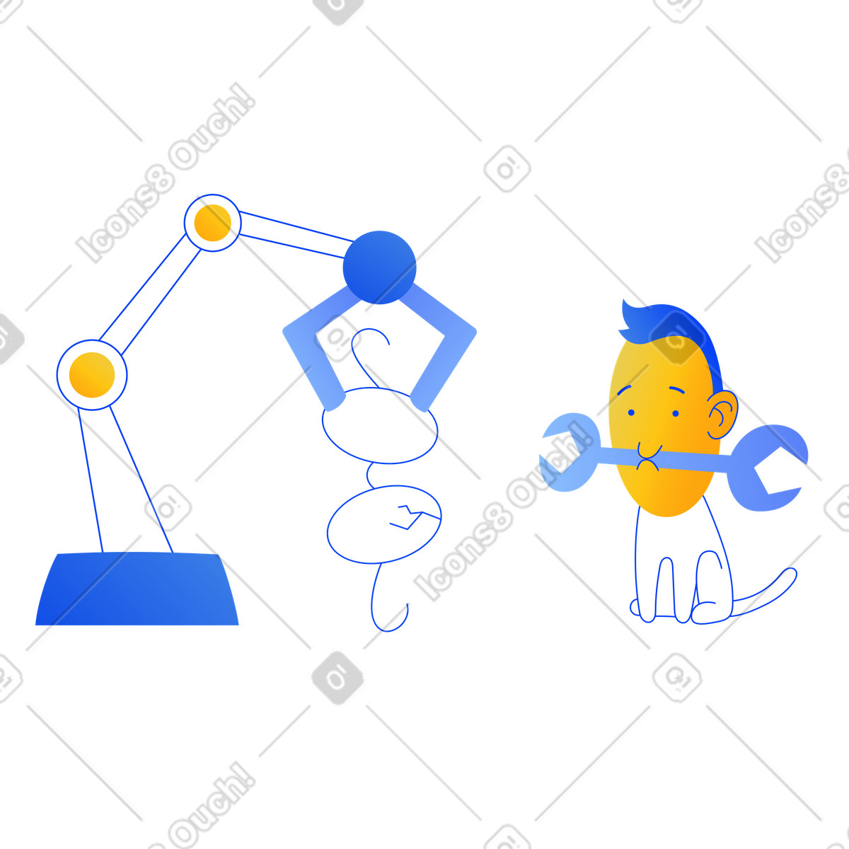 Braccio robotico che tiene gli occhiali rotti del ragazzo illustrazione in stile Buddy scarica in PNG, SVG
