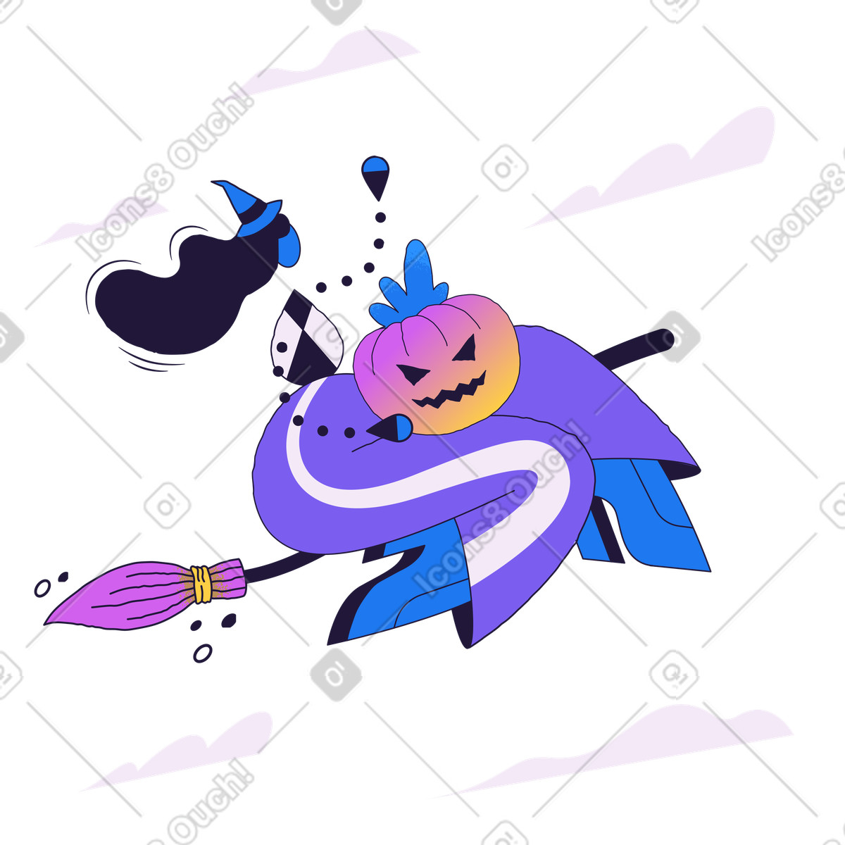Ilustración Bruja de halloween volando en una escoba con calabaza estilo Conifer a descargar PNG y SVG