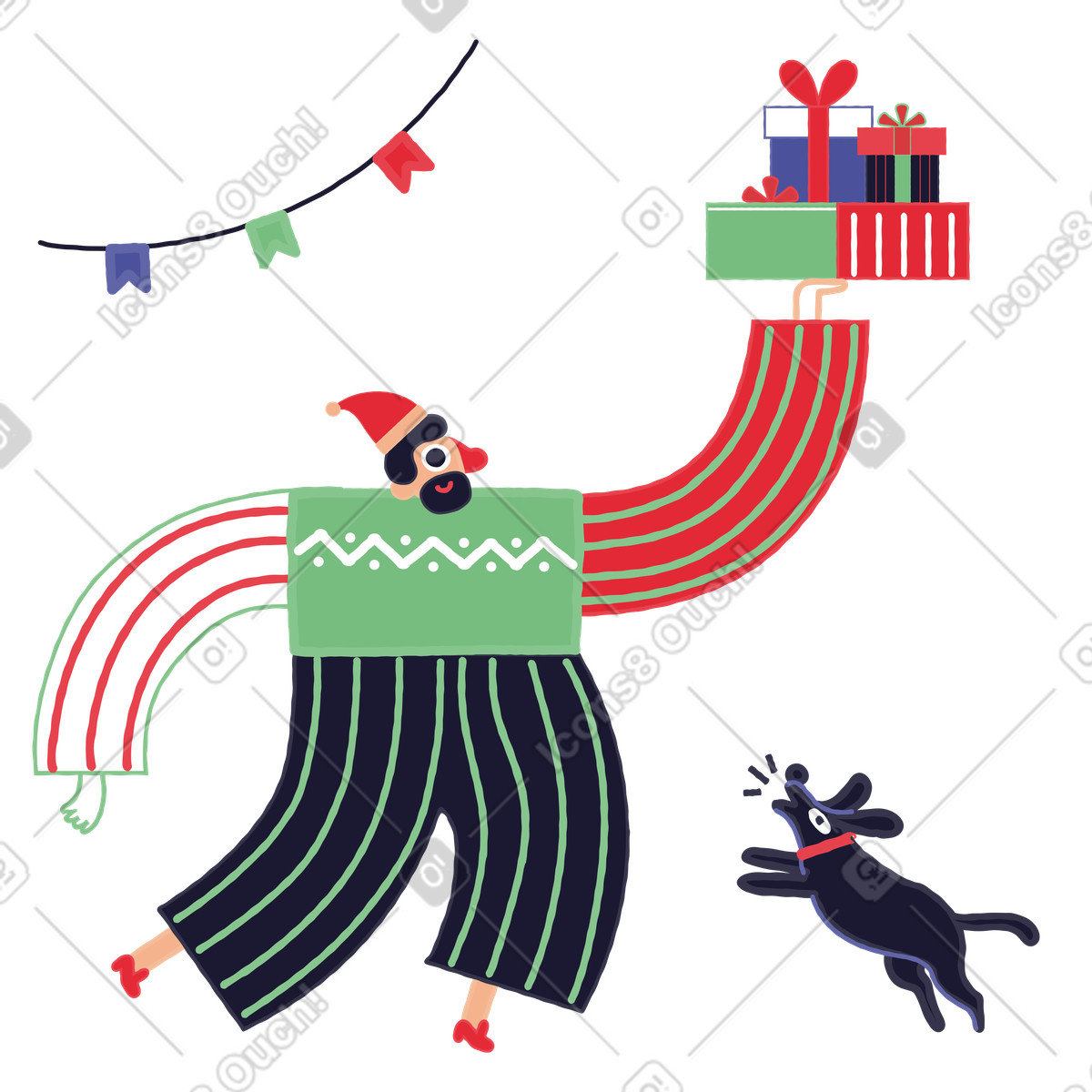 Man bringing christmas gifts to open it illustration in Stripy style download in PNG, SVG