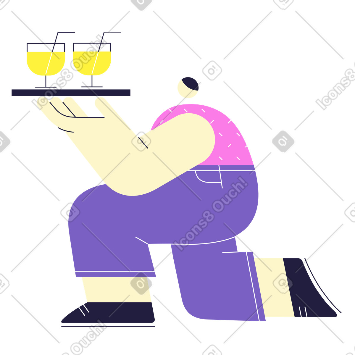 Mellow 스타일의 A waitress on her knees serving drinks 일러스트레이션 PNG, SVG 다운로드