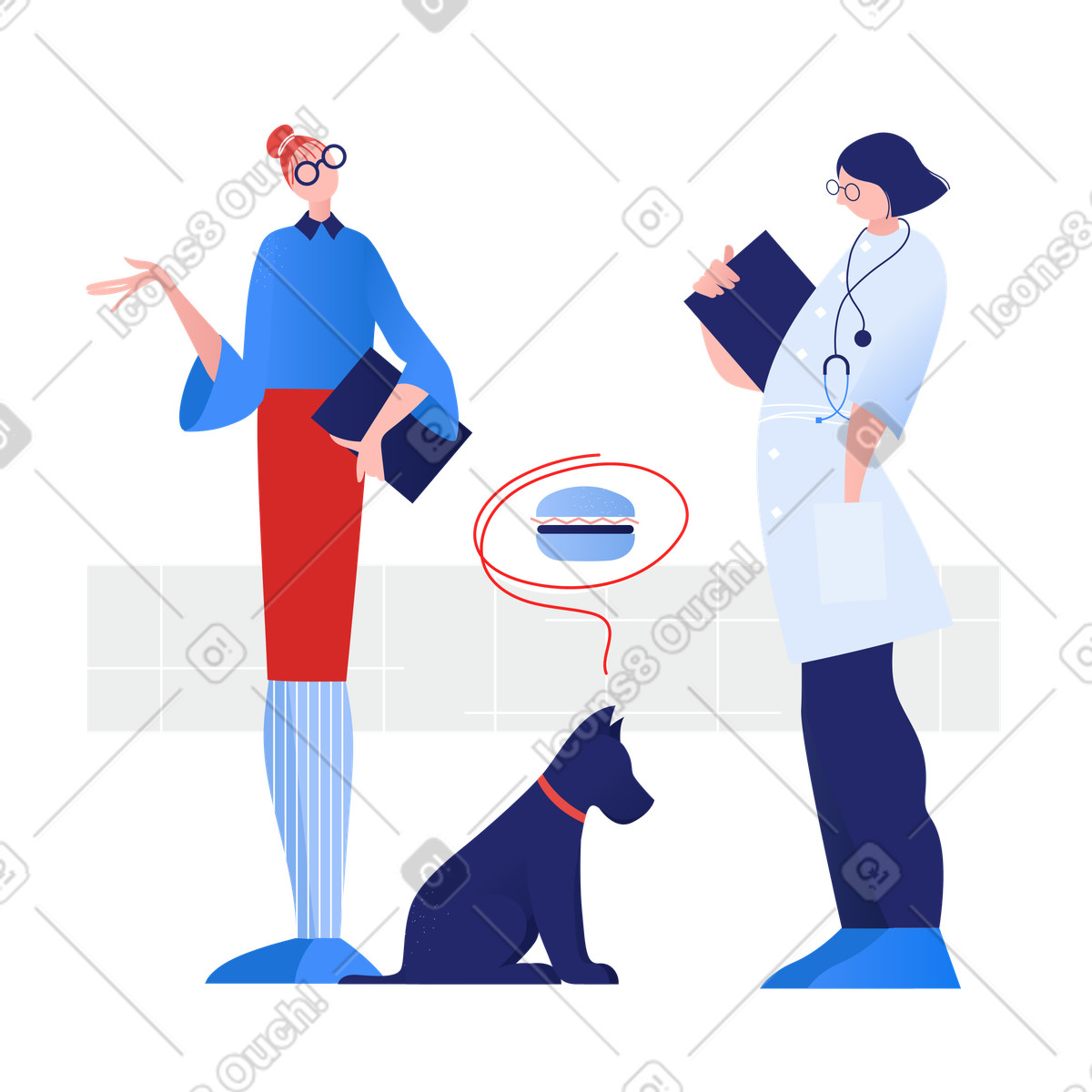 Donna con il suo cane che pensa al cibo e veterinario nella clinica veterinaria illustrazione in stile Clip scarica in PNG, SVG
