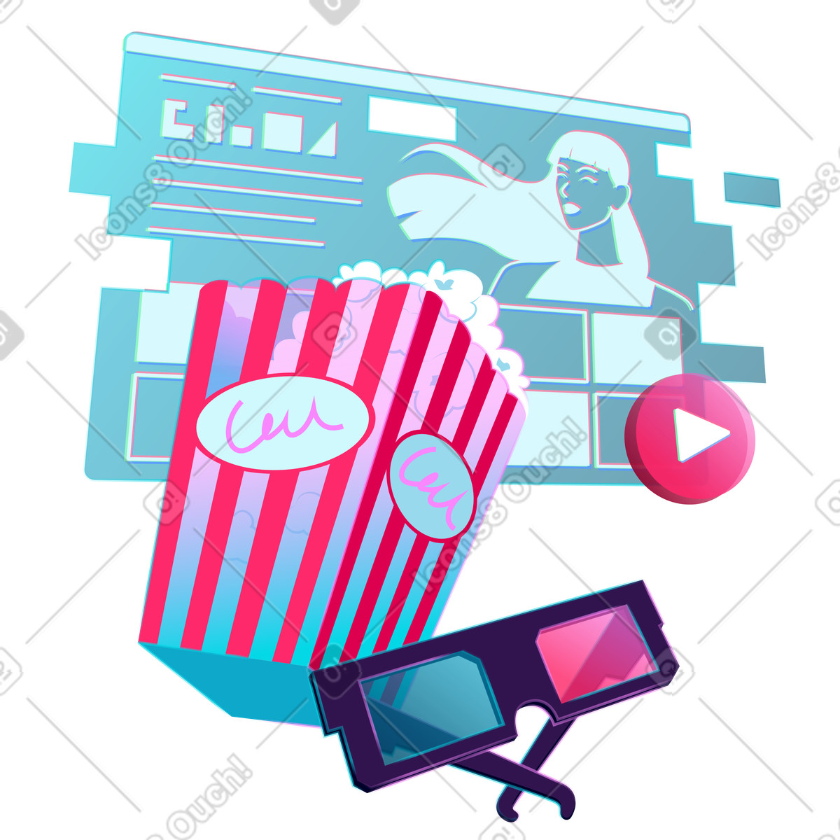 Popcorn, 3D glasses and an online cinema illustration in PNG, SVG