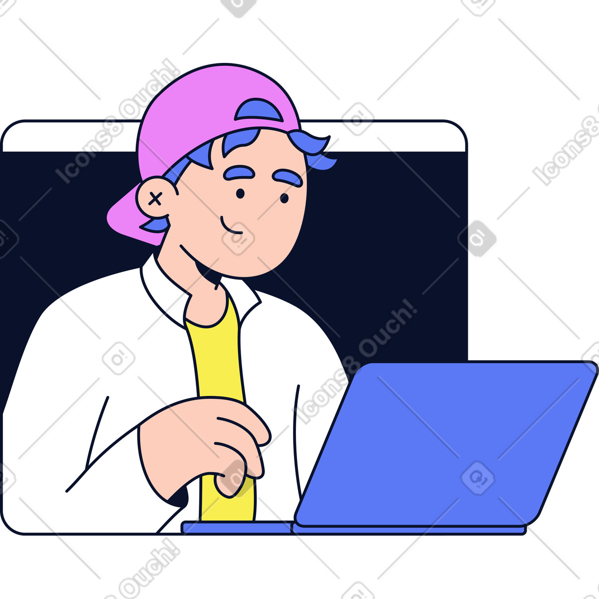 Ilustración Hombre con computadora portátil en la ventana del navegador estilo Flexy a descargar PNG y SVG