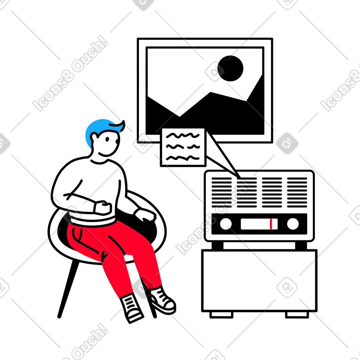 Ilustración Hombre escuchando un programa de radio los medios comunicación masivos en estilo Transistor a descargar en PNG y SVG