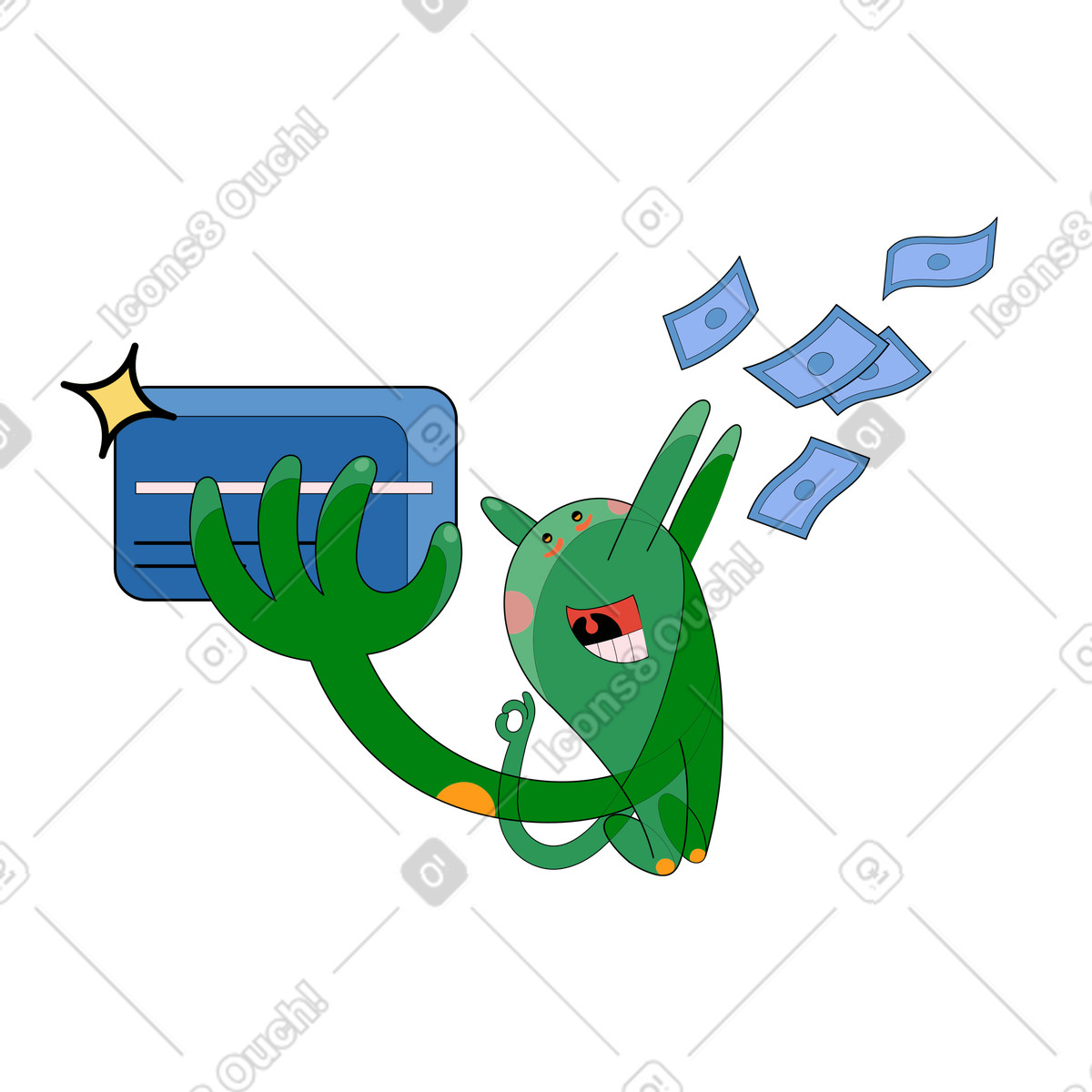 Figur, die geld von einer kreditkarte wirft-Illustration im Surr-Stil als Download in PNG, SVG