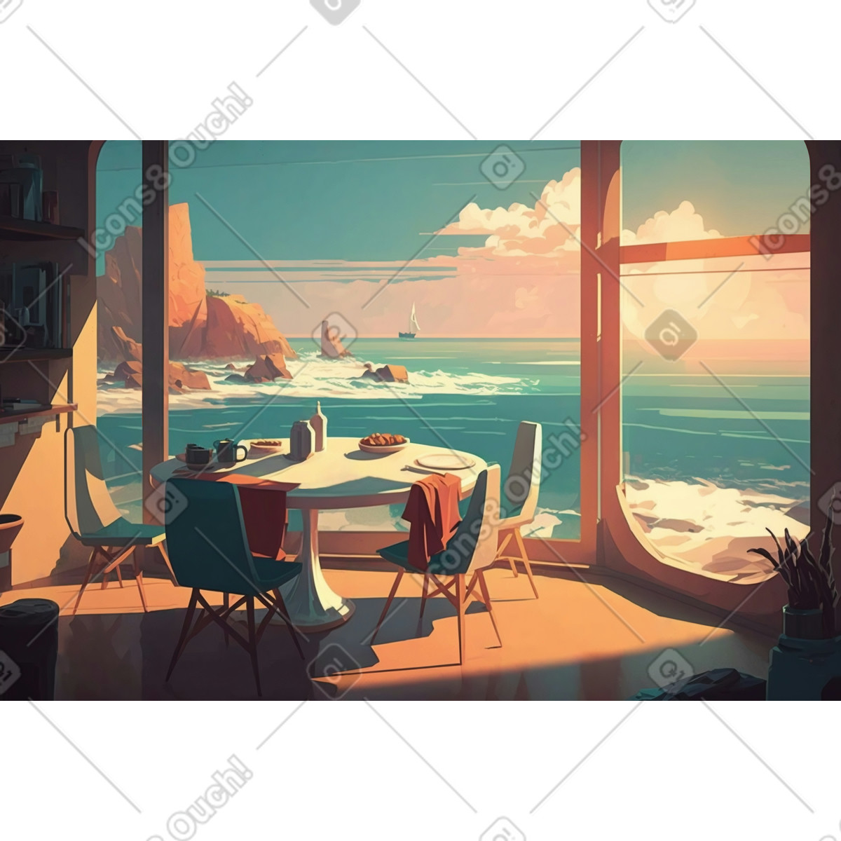 Living room with a panoramic view of the ocean background illustration in Experimental style download in PNG, SVG
