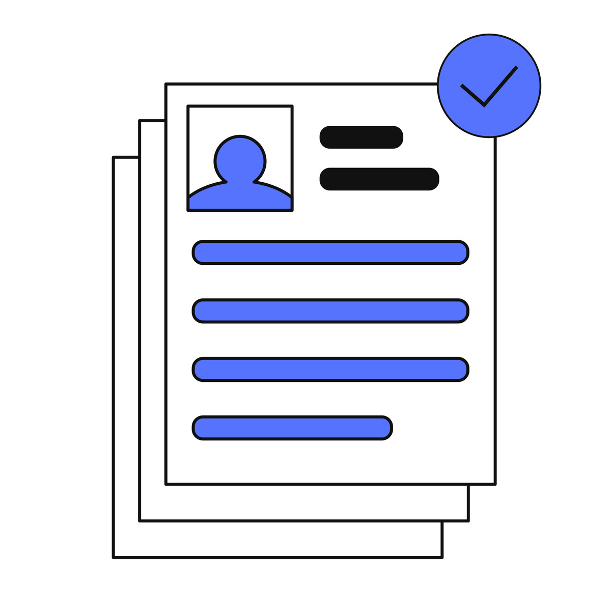 Resume document with profile photo and approved check mark badge illustrazione in stile Main scarica in PNG, SVG