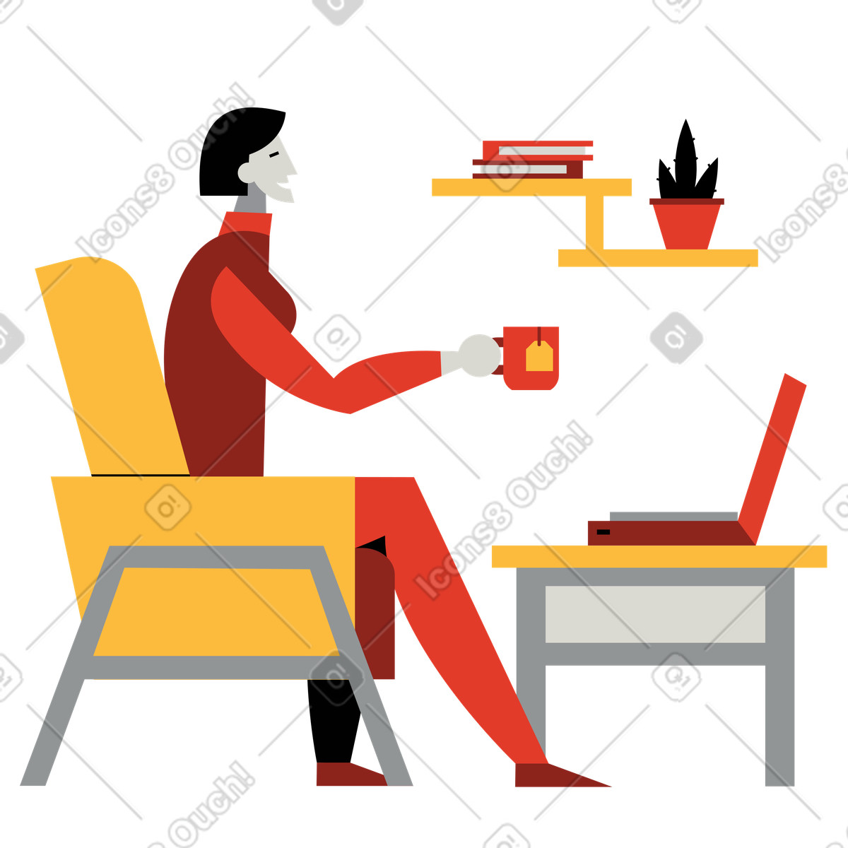 Woman work remotely at home illustration in Burgundy style download in PNG, SVG