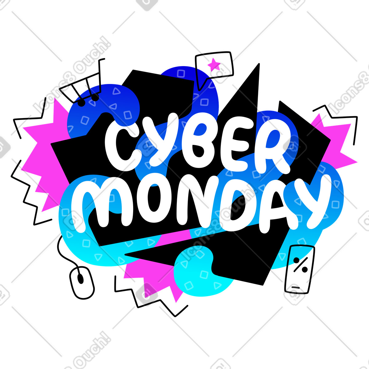 Cyber lunedì scritte colorate con scarabocchi illustrazione in stile Rocky scarica in PNG, SVG