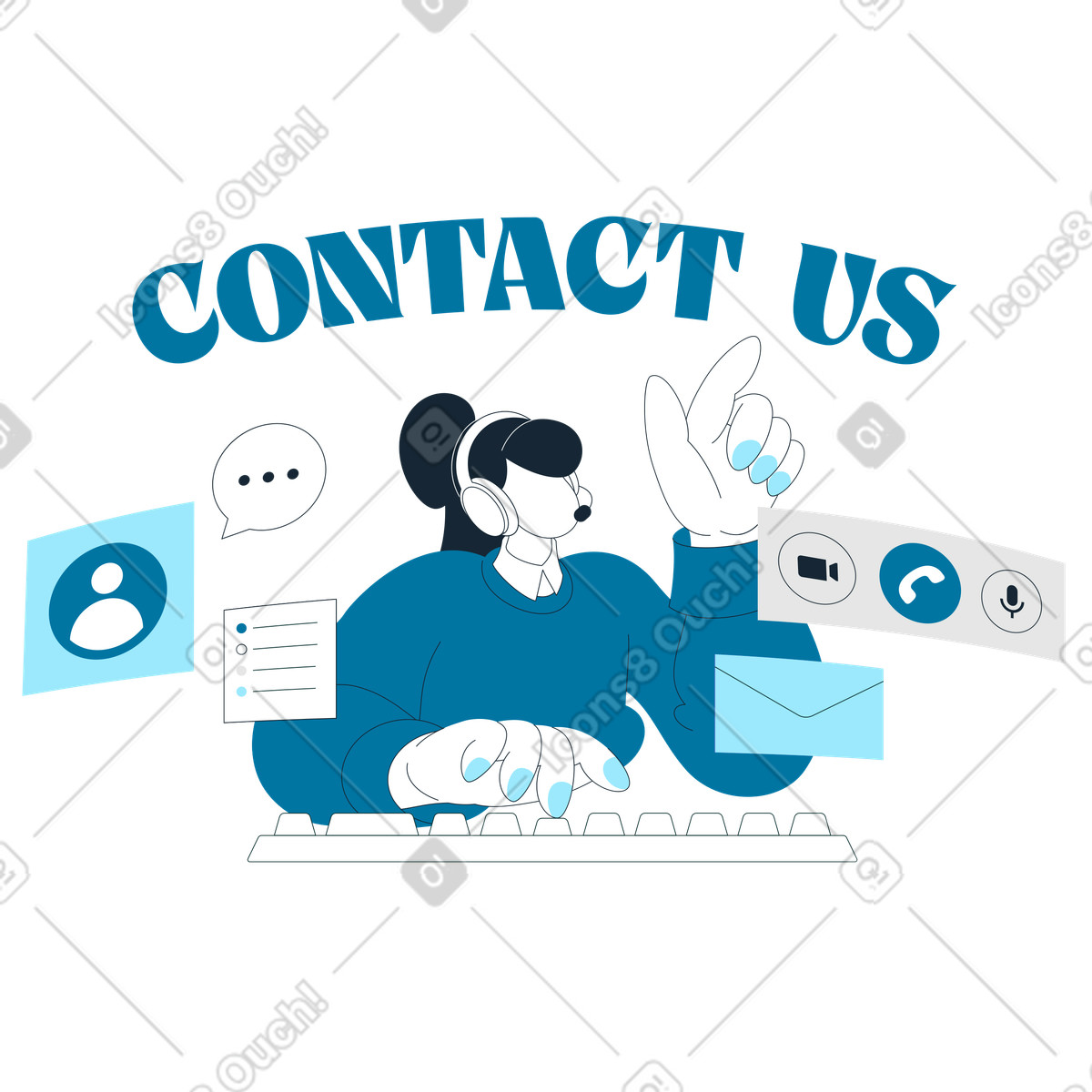 Customer support agent interacting with online clients, helpdesk communication illustrazione in stile Indigo scarica in PNG, SVG