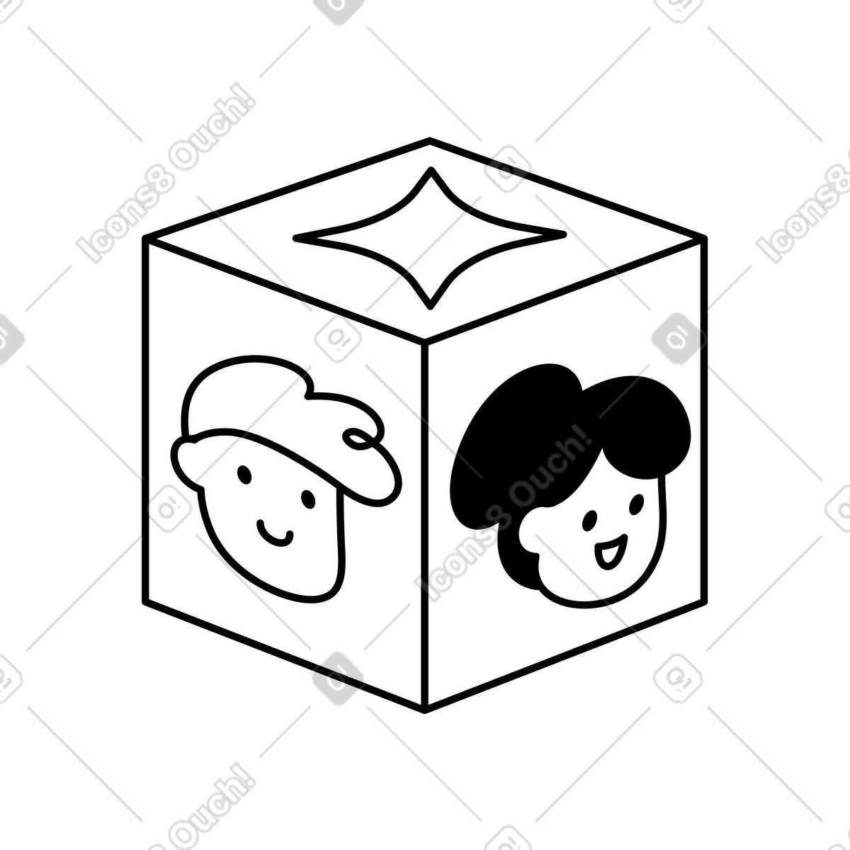 Ilustración Cube with smiling boy face and girl sides en estilo Notion Line Art a descargar en PNG y SVG