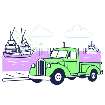 An antique truck is parked on the edge of a harbor. The truck has a weathered, classic design with details such as a shiny grill and large wheels. In the background, several fishing boats are docked, each equipped with nets and fishing gear. The water in the harbor reflects the shapes of the boats, with gentle ripples visible. The sky above is clear, emphasizing the scene's tranquil atmosphere. There are wooden posts along the dock, providing a rustic touch to the setting.