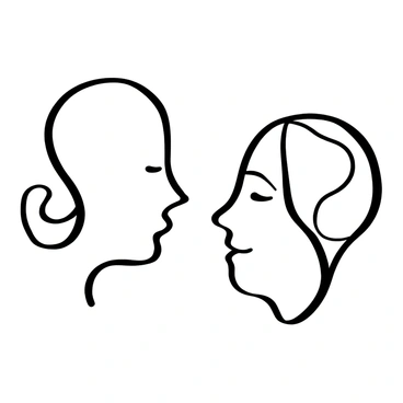 Two abstract faces composed of continuous lines, intertwined and overlapping in a fluid manner. Each face features a unique arrangement of lines that suggest delicate features, with hints of subtle expressions evoked through the curves and angles. The faces are oriented towards each other, creating a sense of connection and interaction, while maintaining a minimalist and abstract quality. The background is left blank to emphasize the intricate linework of the faces.