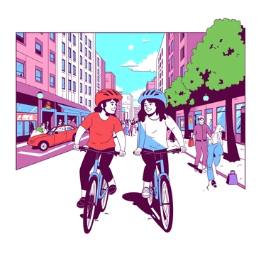 Two friends are riding bicycles along a busy street in a city filled with tall buildings and colorful storefronts. One friend, wearing a red helmet, is leading the way with a bright smile on their face, while the other friend, donning a blue helmet, is pedaling cheerfully behind. They are surrounded by a crowd of pedestrians and cars, adding to the lively atmosphere of the urban scenery. In the background, there are trees lining the street and people walking with shopping bags. The sun is shining brightly overhead, enhancing the vibrant colors of the city.