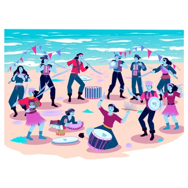 A lively ocean festival with pirates, musicians, and dancers on a sandy beach.