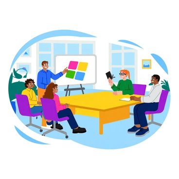 A spacious conference room with a large whiteboard at the front. Several people are gathered around a bright wooden table, actively participating in the meeting. One person stands beside the whiteboard, pointing at a colorful illustration displayed on it. The presenter has short brown hair and is wearing a blue shirt. The audience consists of three individuals: a woman with long curly hair, a man with glasses, and another person with a ponytail, all engaged in the presentation. The walls of the room are decorated with inspiring artwork, and there are large windows allowing natural light to fill the space. Everyone appears focused and enthusiastic about the discussion.