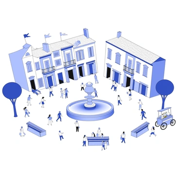 A historic town square is filled with a diverse crowd of people engaging in various activities. In the center, a large stone fountain is surrounded by benches where individuals sit and chat. People of different ages stroll through the square, some carrying shopping bags. Surrounding the square are charming buildings with detailed facades featuring ornate windows and balconies. A vendor cart stands at one corner, selling flowers, while a group of children plays nearby. Above, flags hang between the buildings, and the sky is clear.