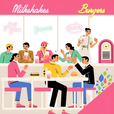 A classic 1980s diner scene featuring a pink and turquoise color scheme. Inside the diner, several customers are seated at black and white checkered booths. A group of teenagers is laughing, enjoying tall, frosted milkshakes topped with whipped cream and cherries, while others are biting into delicious burgers with lettuce and tomato. A waitress in a vintage uniform is serving a plate of fries to a couple at the counter. Neon signs in the background glow with enticing words such as "Milkshakes" and "Burgers". A jukebox is playing music, adding to the lively atmosphere of the diner.