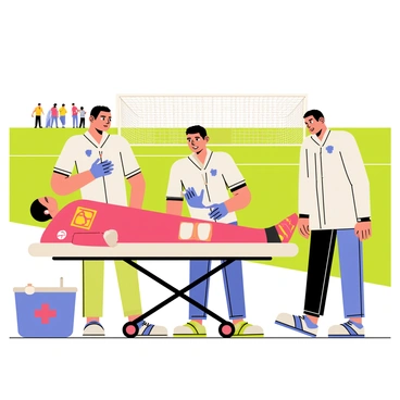A group of medical staff is attending to an injured player on the sideline of a sports field. The player is lying on a stretcher, wearing a bright red jersey with the team logo displayed prominently. One medical staff member is checking the player's pulse, while another is applying a bandage to the player's leg. The background features a green field with goalposts and a crowd watching in the distance. A water cooler and first aid kit are visible nearby, adding to the scene. The sky is clear, suggesting a sunny day.