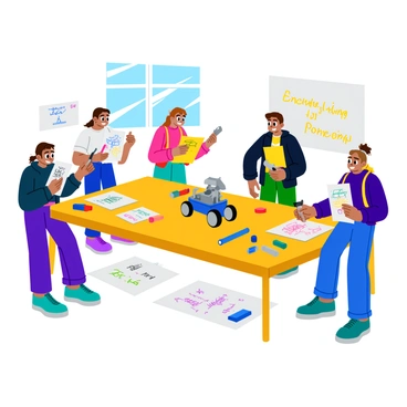 A group of four teenagers, two boys and two girls, are gathered around a large table in a bright workshop. They are focused on designing a robot for an upcoming competition. Each teenager has a sketchpad filled with colorful drawings of their robot concept. One boy is holding a wrench, while another girl is adjusting components on a small robot prototype in the center of the table. The table is cluttered with various engineering tools, screws, and pieces of electronics. Scattered across the workspace are sheets of paper with "engineering formulas" written in vibrant colors, such as equations and diagrams, giving the scene an energetic and creative atmosphere. Natural light streams in through a nearby window, illuminating the workspace.