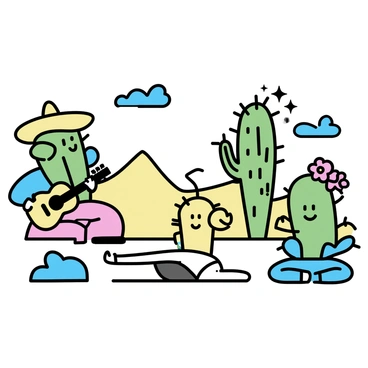 A colorful arrangement of various cacti, each shaped to represent different characters in a desert scene. One cactus, tall and spiky, is wearing a sombrero and playing a guitar. A round, fluffy cactus is sitting on a rock, sipping from a coconut with a straw. Another cactus, shaped like a humanoid figure, is stretching out under the sun while doing yoga. A small cactus with bright flowers is dancing joyfully. The background features sandy dunes and a clear blue sky. Each character cactus is detailed, showcasing their unique personalities through their poses and accessories.