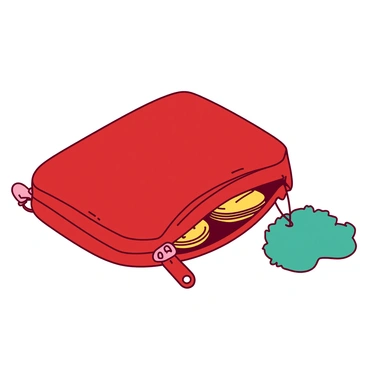 A red small coin purse is placed on a white surface. The purse has a smooth texture and a zipper that is slightly open, revealing a glimpse of coins inside. Attached to the zipper is a teal rabbit's foot keychain. The keychain is fluffy and has a small metal clasp, allowing it to dangle alongside the purse. The overall composition highlights the contrast between the vibrant colors of the purse and the keychain.