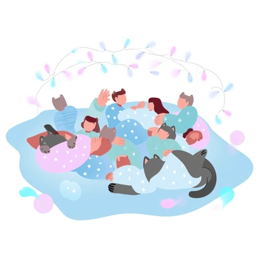 A group of cats wearing colorful pajamas is gathered on a large, fluffy blanket spread across the floor. Each cat has a distinct pattern on their pajamas, such as stripes, polka dots, or stars. They are playfully lounging on a variety of soft pillows in various shapes and sizes. A few cats are curled up in a cozy ball, while others are batting at small plush toys scattered around. The scene conveys a relaxed atmosphere, filled with warmth and camaraderie among the cats. A decorative fairy light string is draped above, adding a gentle glow to the slumber party setting.